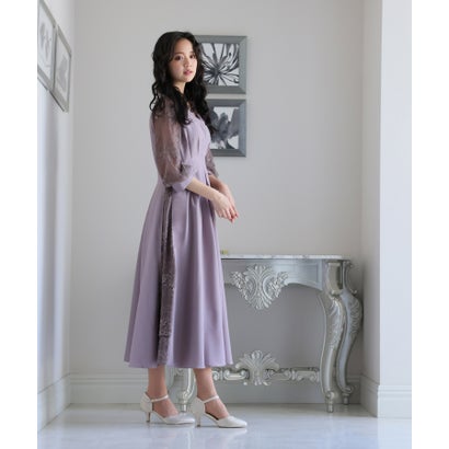 プールヴー PourVous レース切り替えパーティードレス大きいサイズロング&袖あり結婚式フォーマル ワンピース 20代 30代 40代 （ローズピンク）