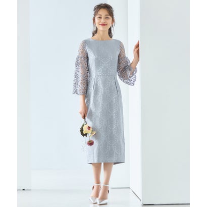 ドレスプラス DRESS+ レース七分袖×ダマスク柄ワンピースドレス結婚式ワンピース・お呼ばれパーティードレス （グレー）