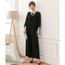 ドレスプラス DRESS+ 【結婚式・お呼ばれ対応パンツドレス】レース7分袖トップス&スラックスセットアップ (ブラック)