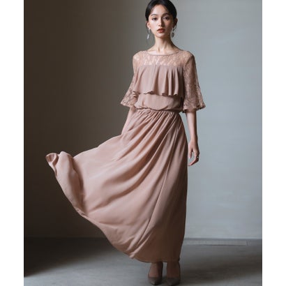 ドレスプラス DRESS+ 胸元フリルのレースドレス・結婚式ワンピース・お呼ばれパーティードレス (ブラウン)