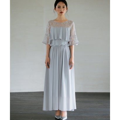 ドレスプラス DRESS+ 胸元フリルのレースドレス・結婚式ワンピース・お呼ばれパーティードレス (グレー)