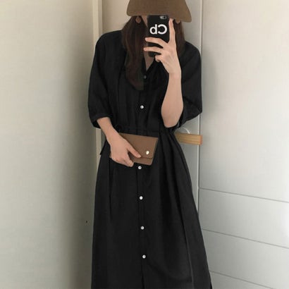 ジュノア JUNOAH スタンドカラーマキシ丈シャツワンピース 韓国ファッション （ブラック）