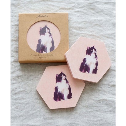 ジュビリー Jubilee 珪藻土コースター 同柄 2枚セット キャット ヘキサゴン (ピンク)
