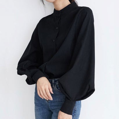 アミュレット Amulet バルーンスリーブ ブラウス レディース スタンドカラーボリューム おしゃれ 大人可愛い シャツ 羽織り 涼しい 韓国 （ブラック）