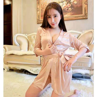 バニラ Vanilla セクシー雑貨 サテンガウン&Tバックショーツセット (ピンクベージュ)