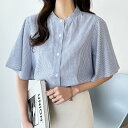 ジーラ GeeRA フレアー袖バンドカラーブラウス (ブルー系ストライプ)