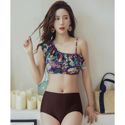 テディショップ Teddyshop レディース フリルワンショルダーハイウエストビキニ 2点セット【返品不可商品】 (J:ボタニカル×ブラウン)