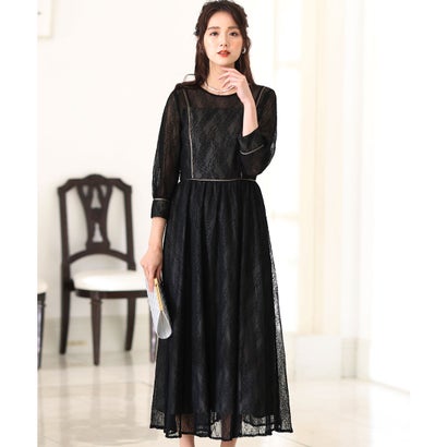 プールヴー PourVous リーフ柄レースパーティードレスセレモニーミモレ丈&七分袖結婚式フォーマル ワンピース 20代 30代 40代 （ブラック）