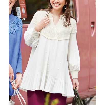 ラナン RANAN ニットドッキングプリーツブラウス (エクリュケイ)