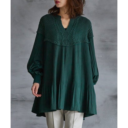 ラナン RANAN ニットドッキングプリーツブラウス (グリーンケイ)