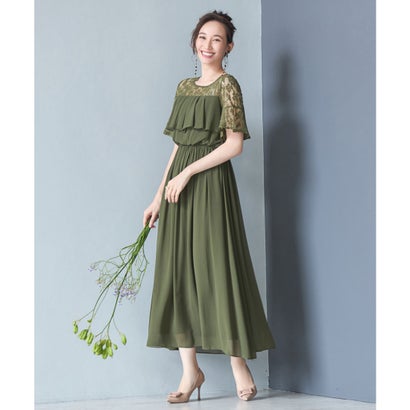 ドレスプラス DRESS+ 胸元フリルのレースドレス・結婚式ワンピース・お呼ばれパーティードレス (カーキ)