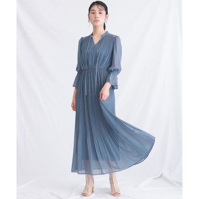 プールヴー PourVous シフォンパーティードレスお呼ばれ袖あり&ミモレ丈結婚式フォーマル ワンピース 20代 30代 40代 (ライトブルー)