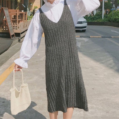 ショッピングゴー shoppinggo ワンピース レディース 春 秋 冬 Vネック 無地 大きめ ロングキャミ グレー 大人 リブ編み ニットキャミ 厚手 OL （グレー）