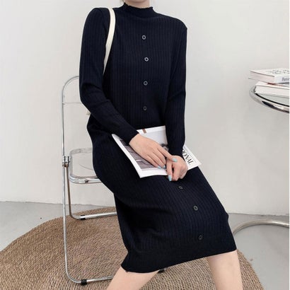 ショッピングゴー shoppinggo ハイネック ロング丈ニットワンピ リブニット （ブラック）