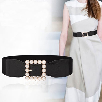ショッピングゴー shoppinggo ゴムベルト レディース パール 幅広 太ベルトバックル付 細見え ラクチン..