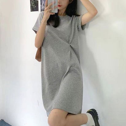ショッピングゴー shoppinggo 韓国ファッション 夏ワンピース 夏服 ウエストツイストデザイン 半袖 ロングTシャツ 部屋着 ひざ丈 ルームウェア (グ...