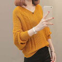 アミュレット Amulet ドルマン風ニット レディース 透かし編み ニット ドルマン 体型カバー リブ袖 Vネック 大人 かわいい (マスタード)