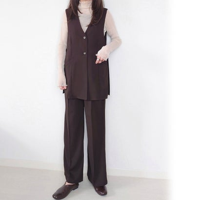 ジュノア JUNOAH サイドオープンジレ＋タックパンツセットアップ （ブラウン）