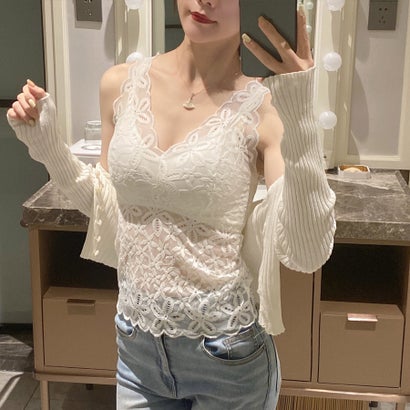 ショッピングゴー shoppinggo 総レースキャミソール カップ付 キャミ レース 見せるインナー タンクトップ ブラカバー ベアブラトップ 背中見せブラ （ホワイト）