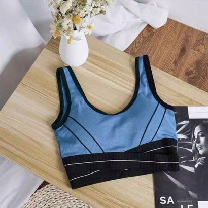 ショッピングゴー shoppinggo 夏服タンクトップ ショート丈 胸パット付 へそ出し 重ね着風 切替 バイカラー シンプル カットソー 袖なし カットソー （ブルー）(4)