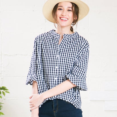 アクアガレージ aquagarage ブラウス バンドカラー スキッパー シャツ （ギンガム：ブラック）のサムネイル