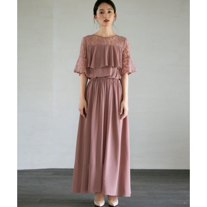 ドレスプラス DRESS+ 胸元フリルのレースドレス・結婚式ワンピース・お呼ばれパーティードレス (スモークピンク)