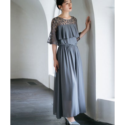 ドレスプラス DRESS+ 胸元フリルのレースドレス・結婚式ワンピース・お呼ばれパーティードレス (チャコールグレー)