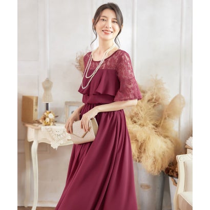 ドレスプラス DRESS+ 胸元フリルのレースドレス・結婚式ワンピース・お呼ばれパーティードレス (ワインレッド)