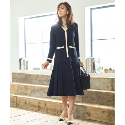 ルイルエブティック RUIRUE BOUTIQUE バイカラー・プリーツ風ニットワンピース (ネイビー) ルイルエブティック RUIRUE BOUTIQUE バイカラー・プリーツ風ニットワンピース (ネイビー)
