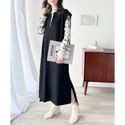 クラシカルエルフ Classical Elf 1枚で主役級。カフタン調サイドスリット圧縮ニットロング丈ワンピース （ブラック）