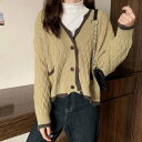 アミュレット Amulet Vネックレトロカーディガン レディース トップス 長袖 秋服 冬服 10代 20代 30代 韓国ファッション 韓国 オフィスカジュアル バイカラー 編み柄 （グリーン）