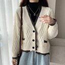 アミュレット Amulet Vネックレトロカーディガン レディース トップス 長袖 秋服 冬服 10代 20代 30代 韓国ファッション 韓国 オフィスカジュアル バイカラー 編み柄 （ホワイト）