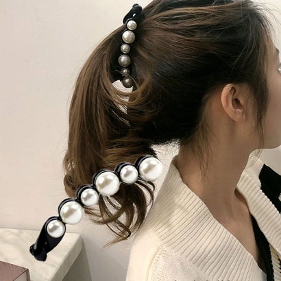 ショッピングゴー shoppinggo バナナクリップ ヘアクリップ 大きめ パール ヘアアクセサリー 髪留め 結婚式 パーティ シンプル 大人かわいい （ブラック）