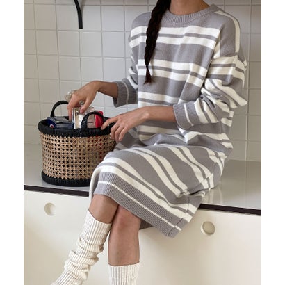 ヴィータフェリーチェ VitaFelice ボーダーロングニットワンピース (GRAY)