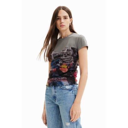 デシグアル Desigual ニュースペーパー チュールTシャツ （グレー/ブラック）