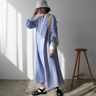 ジーラ GeeRA フレアーロングシャツワンピース （ブルー系）