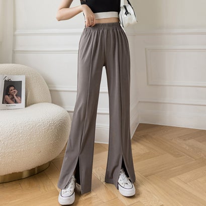 リフ Riff センタースリットフレアパンツ ストレッチ ワイドパンツ イージーパンツ ロングパンツ センタープレス ウエストゴム ズボン ボトム 無地 （モカグレー）