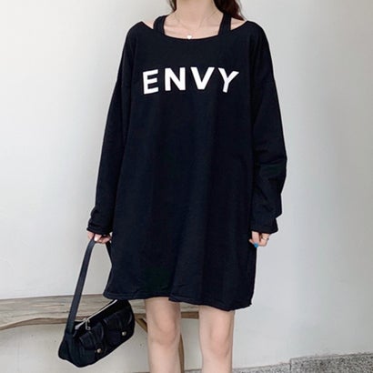 リフ Riff タンク付ロゴプリントチュニック 2点セット Tシャツ ロンT ロングTシャツ カットソー プルオーバー タンクトップ トップス 長袖 無地 (ブラック)