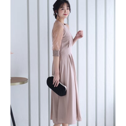 プールヴー PourVous ラグランパーティードレスお呼ばれロング&七分丈結婚式フォーマル ワンピース 20代 30代 40代 （ピンクベージュ）