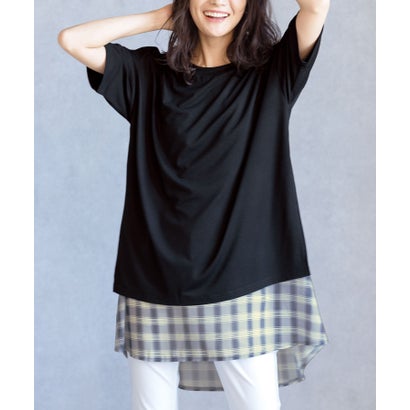 ラナン RANAN チェック柄異素材使いチュニック (ブラックケイグレー)