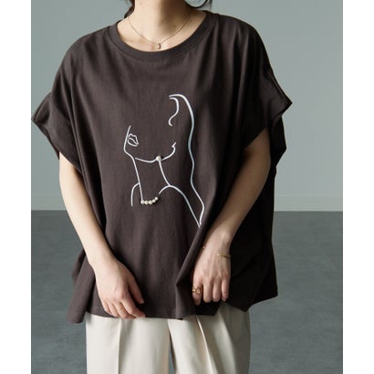 ラナン RANAN パール調ビジュー付フロッキープリントTシャツ （チャコールフェイス）