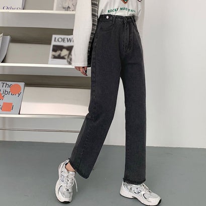 ショッピングゴー shoppinggo 美脚ストレートパンツ 着やせ セミワイドパンツ ボタン調整 ジーパン ボトムス体型カバー （グレー）