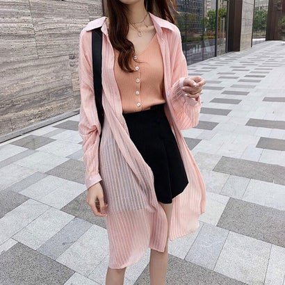 アミュレット Amulet ストライプロングシャツ レディース トップス 長袖 春服 夏服 秋 10代 20代 30代 韓国ファッション シンプル 透け感 大人 上品 シアー (ピンク) アミュレット Amulet ストライプロングシャツ レディース トップス 長袖 春服 夏服 秋 10代 20代 30代 韓国ファッション シンプル 透け感 大人 上品 シアー (ピンク)