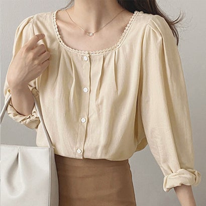 デューリリー Dewlily ネックレースブラウス レディース トップス 長袖 無地 春服 秋 10代 20代 30代 韓国ファッション オフィスカジュアル 着回し レトロ （ベージュ）