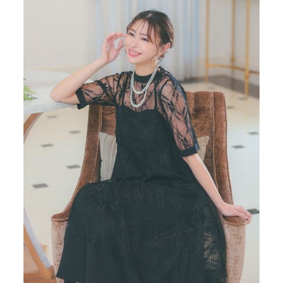 レティカ Retica 2連パールネックレス付きミモレ丈レースレイヤードフレアワンピースパーティードレス ..