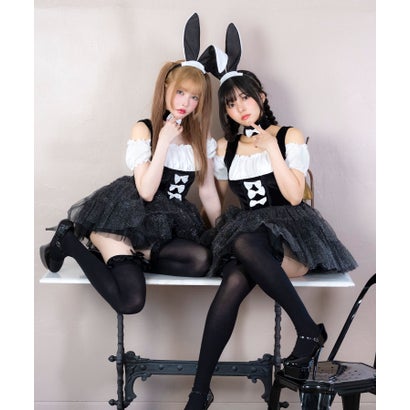 ティカ Tika ハロウィン コスプレ バニーガールウエイトレスコスチュームオフショルダーフレアワンピース3点セット【返品不可商品】（ブラック）
