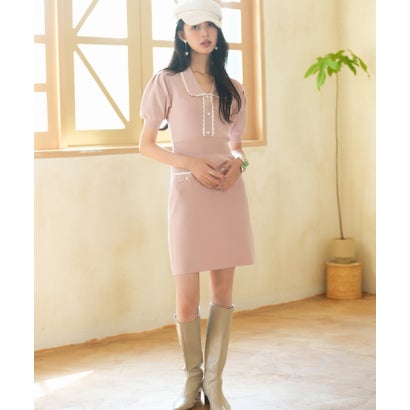 セゾンドパピヨン SAISON DE PAPILLON 配色ミニ丈サマーニットワンピース （ピンク）(4)