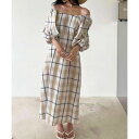 ジュエローブ Jewelobe ボリュームスリーブチェックロングワンピース (ネイビー)