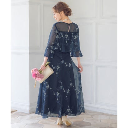 レティカ Retica パーティードレス シースルー 七分袖 花柄 刺繍 セットアップ ロングドレス 大きいサイズ 結婚式 ドレス 20代 30代 40代 （ネイビー）