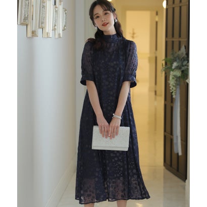 プールヴー PourVous 結婚式パーティードレスオーガンジーロング&七分袖セレモニーフォーマル ワンピース 20代 30代 40代 （ネイビー）